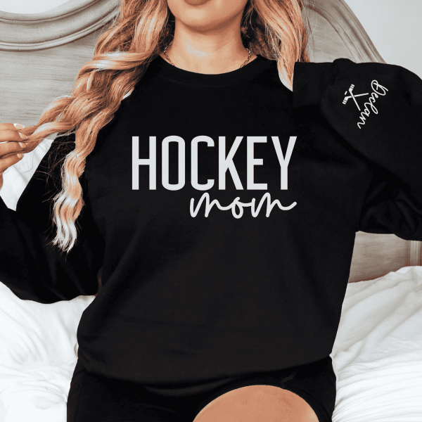 CUSTOM Hockey Mom Sweatshirt with Name on Sleeve Ice Hockey Mama Sweater Personalized Hockey Gift Game Day Crewneck Goalie Mom Hoodie 2