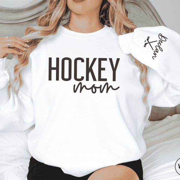 CUSTOM Hockey Mom Sweatshirt with Name on Sleeve Ice Hockey Mama Sweater Personalized Hockey Gift Game Day Crewneck Goalie Mom Hoodie34
