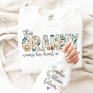 Christmas Gift for Granny Custom Sweatshirt for Granny I Wear My Heart On My Sleeve Grandma Sweatshirt with Grandkids Names on Sleeve 2