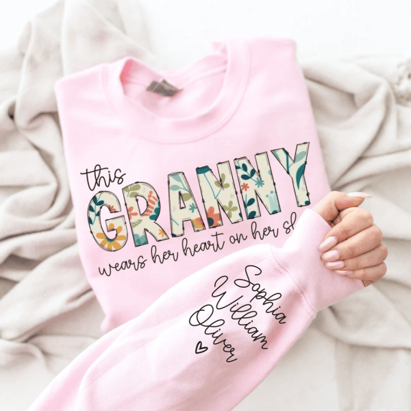 Christmas Gift for Granny Custom Sweatshirt for Granny I Wear My Heart On My Sleeve Grandma Sweatshirt with Grandkids Names on Sleeve 4