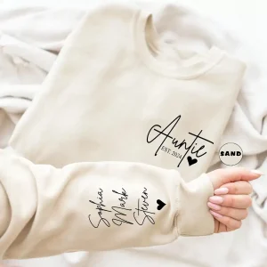 Custom Auntie Sweatshirt, Personalized Aunt Sweatshirt With Nieces Nephews Names On Sleeve, Pregnancy Reveal Outfit, Mothers Day Clothing Gifts