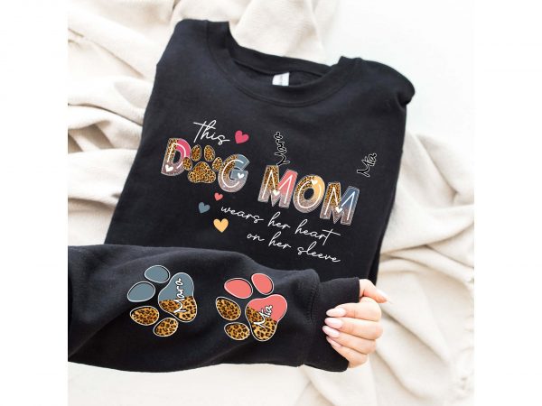 Custom Dog Mom Sweatshirt This Dog Mom Wears Her Heart On Her Sleeve Personalized Dog Name Sweatshirt Dog Mama Sweatshirt Dog Lover Gift 1 scaled 1