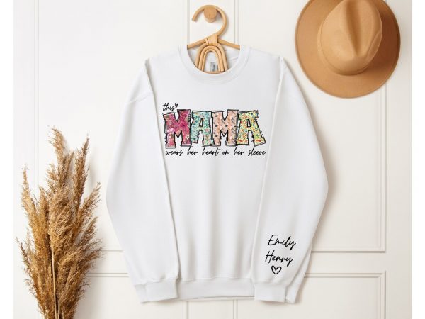 Custom Mama Sweatshirt with Kid Name This Mama Wear Her Heart On Her Sleeve Sweatshirt Personalized Mom Shirt With Names Mothers Day Gift 4