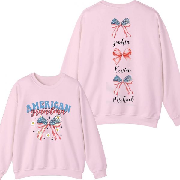 Custom Mom Sweatshirt American Mama Hoodie Coquette Ribbon Tee USA Flag Bow Hoodie Kids Names Tee July 4th 2 Sided Tee Mothers Day Tee 3 1