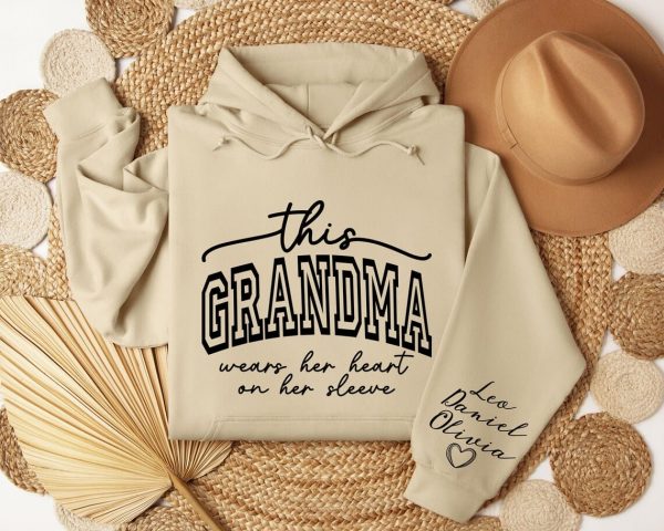 Custom This Grandma Wears Her Heart On Her Sleeve Sweatshirt Shirt with Names On Sleeve Mommy Heart Hoodie Mothers Day Gift 3