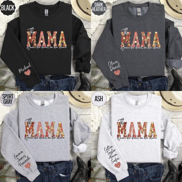 Custom This Mama Wears Her Heart on Her Sleeve Sweatshirt Floral Mama Sweatshirt Mothers Day Gift Personalized Mom Sweater With Kids Name 2
