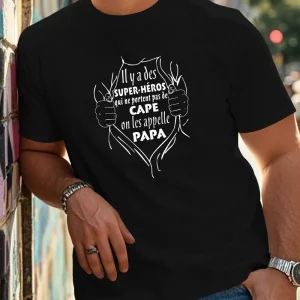 Fun French Crinkle Men's T-Shirt - Black Geometric Graphic Print with Superhero Dad French Quote, Casual Short Sleeve Round Neck Summer Tee