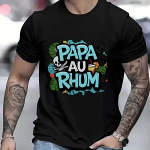 MenS Short Sleeve T Shirt Black PAPA AU RHUM Tropical Graphic Design for Casual Wear 1