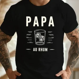 Casual Crew Neck Short Sleeve T-Shirt - Papa Au Rhum Rum Daddy Print Graphic Tee, Lightweight Summer Top with Geometric Design, Relaxed Fit T-Shirt
