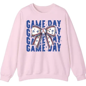 Game Day Baseball Bow Sweatshirt, Softball Star Ribbon Crewneck, Vintage Sports Fan Pullover, American Flag Bow