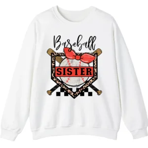 Baseball Sister Leopard Print Checkered Sweatshirt, Red Bow Game Day Sibling Pullover, Cute Softball Fan Gift 1 5.0 45