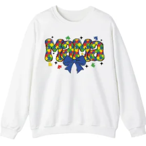 Cute Colorful Puzzle Piece Mama Crewneck, Autism Awareness Bubble Letters Sweatshirt 2 5.0 9