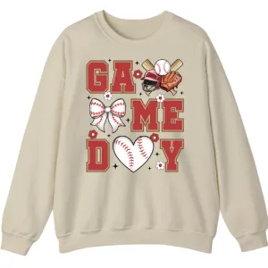 Baseball/Softball Mom Game Day Crewneck Sweatshirt - Cute Bow and Heart Graphic
