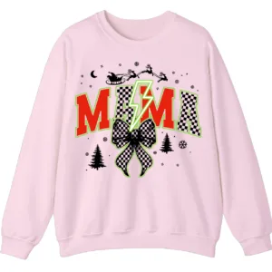 Checkered Mama Christmas Sweatshirt with Lightning Bolt & Reindeer Sleigh