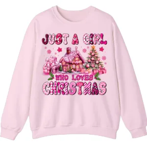 Just A Girl Who Loves Christmas Pink Gingerbread House Sweatshirt - Cute Plaid Holiday Crewneck