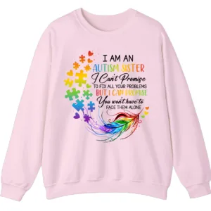 "You Won't Have To Face Them Alone" Autism Sister Sweatshirt, Rainbow Feather Support Gift