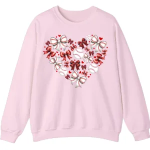 Baseball Heart Sweatshirt, Sports Lover Gift, Cute Game Day Bows Crewneck, Women's Softball Mom Pullover