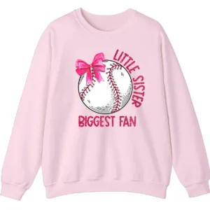 Little Sister Biggest Fan Baseball Softball Sweatshirt, Pink Bow Game Day Crewneck, Sibling Sports Support Gift Pullover