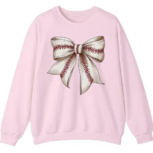 Softball Baseball Stitches Bow Sweatshirt, Game Day Ribbon Crewneck, Sports Mom Cute Pullover, Women's Fan Gift