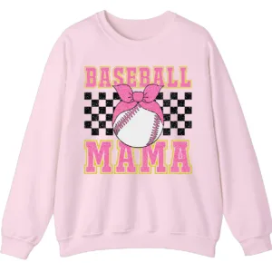 Pink Glitter Baseball Mama Sweatshirt, Checkered Softball Mom Crewneck, Game Day Bow Pullover, Retro Sports Parent Gift