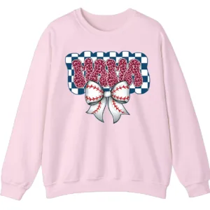Leopard Print Mama Baseball Bow Sweatshirt, Checkered Game Day Crewneck, Pink Cheetah Softball Mom Pullover