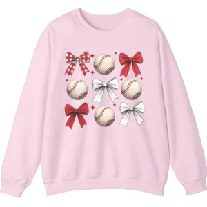 Baseball Bows Red White Grid Sweatshirt, Plaid Ribbon and Balls Crewneck, Cute Sports Mom Game Day Pullover, Softball Lover Gift