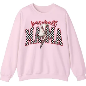 Baseball Mama Lightning Bolt Sweatshirt, Checkered Game Day Crewneck, Distressed Sports Mom Pullover, Red Glitter Leopard Print Gift