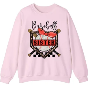 Baseball Sister Leopard Print Checkered Sweatshirt, Red Bow Game Day Sibling Pullover, Cute Softball Fan Gift 3 5.2 53