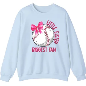 Little Sister Biggest Fan Baseball Softball Sweatshirt, Pink Bow Game Day Crewneck, Sibling Sports Support Gift Pullover 3 5.3 16