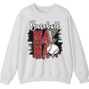 Baseball Mama Red Glitter Leopard Lightning Sweatshirt, Game Day Sports Mom Pullover, Distressed Grunge Design Crewneck