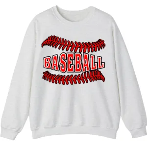 Baseball Red Stitches Typography Sweatshirt, Bold Game Day Fan Crewneck, Minimalist Sports Pullover