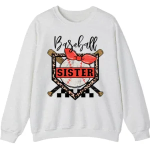 Baseball Sister Leopard Print Checkered Sweatshirt, Red Bow Game Day Sibling Pullover, Cute Softball Fan Gift