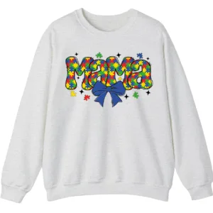 Cute Colorful Puzzle Piece Mama Crewneck, Autism Awareness Bubble Letters Sweatshirt 1 5.4 6