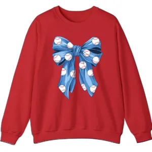 Blue Polka Dot Baseball Bow Sweatshirt, Cute Game Day Softball Ribbon Crewneck, Women's Sports Fan Pullover