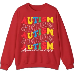 Retro Stacked Autism Awareness Sweatshirt, Colorful Repeated Text Crewneck 2 5.5 3