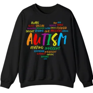 Empowering Autism Word Cloud Heart Sweatshirt, Unique Intelligent Positive Words Crewneck