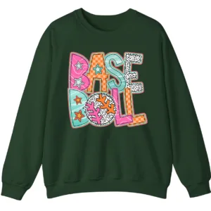 Groovy Retro Pastel Baseball Sweatshirt, Funky Pop Art Game Day Crewneck, Neon Checkerboard Sports Pullover, Bright Softball Fan Gift