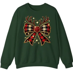 Glitter Plaid Bow Reindeer Antlers Sweatshirt, Sparkling Christmas Gift for Her