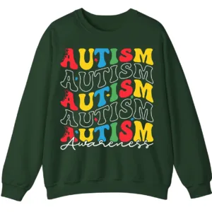 Retro Stacked Autism Awareness Sweatshirt, Colorful Repeated Text Crewneck 1 5.8 9