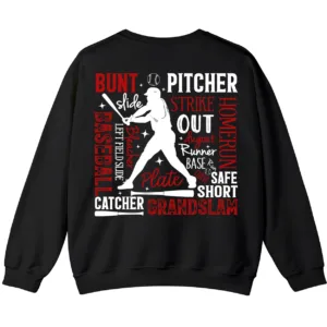 Baseball Terms Word Cloud Sweatshirt, Player Game Day Pullover, Grand Slam Pitcher Catcher Fan Crewneck